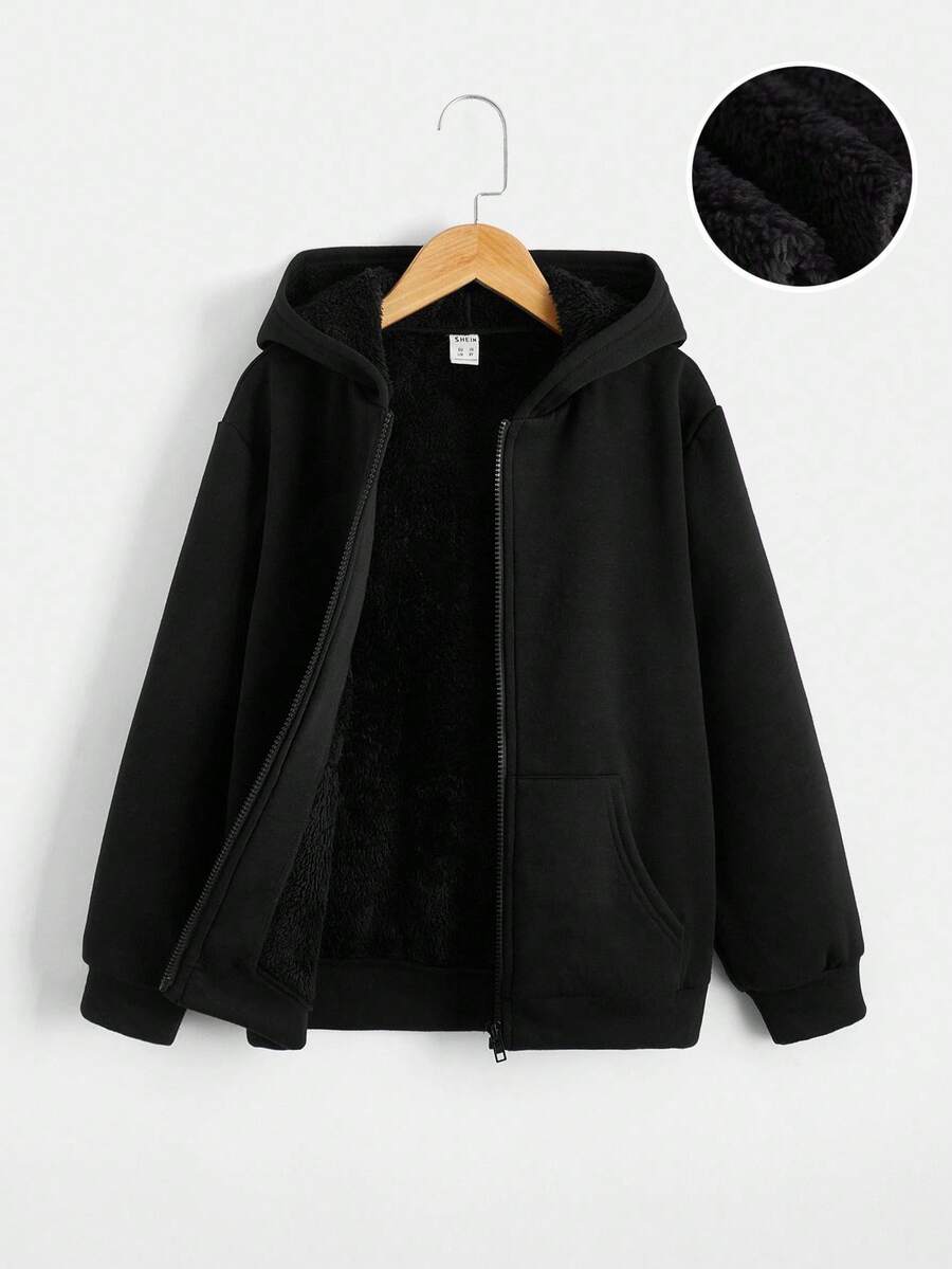 SHEIN Teens Boys Basic Hoodie Casual Comfortable Versatile Thermal Lined Hoodie Jacket Winter Clothes Fall Autumn And Winter Boys Black Fleece Hoodie Boys Black Zip Up Hoodie Black Hooded Jacket Boys - Black - View 1