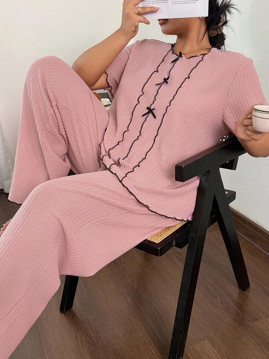 Dream Adore Côtesoire Casual Romantic Pink Decorative Overlock Stitching Design Thin Waffle Knit Texture Fabric Plus Size Homewear Short Sleeve Top And Pants Set - Pink - View 1