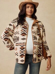 Boho Mama 孕妇休闲复古西部几何图案夹克，秋冬 - 咖啡棕 - 查看 3