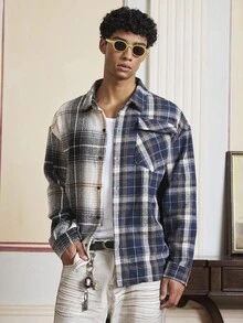 SWAVVY Men's Casual College Style Fashion Street Plaid Print Flap Pocket Long Sleeve Shacket, Fall, Winter - Grey - View 6