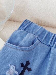 Genkimix Kids 男童秋季新款个性化水洗印花宽松直筒牛仔裤，休闲时尚秋冬款 - 淺色水洗藍 - 查看 5