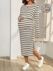 SHEIN 孕妇条纹圆领长袖侧开衩休闲哺乳连衣裙 - 杏色 - 查看 1