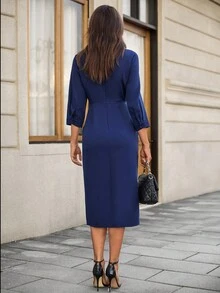 SHEIN Unity Elegant Commuter Solid Color Notched Neck Wrap Dress - Navy Blue - View 2