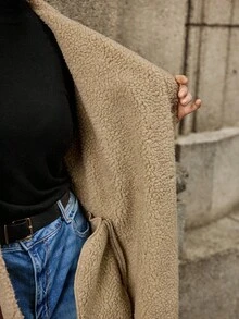 Easura Plus Size Women Faux Shearling Long Sleeve Mid-Length Jacket, Fashionable Winter Fall Autumn