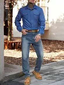 Manfinity Nomadique Casual Fashionable Retro Versatile Long Sleeve Solid Color Men's Shirt Blue Shirt Button-Down Fit Western Shirt, Fall - Blue - View 3