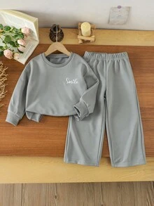 年轻女孩休闲日常通勤运动风格字母刺绣落肩宽松运动衫和直筒运动裤套装，秋季/春季 - 深灰色 - 查看 3