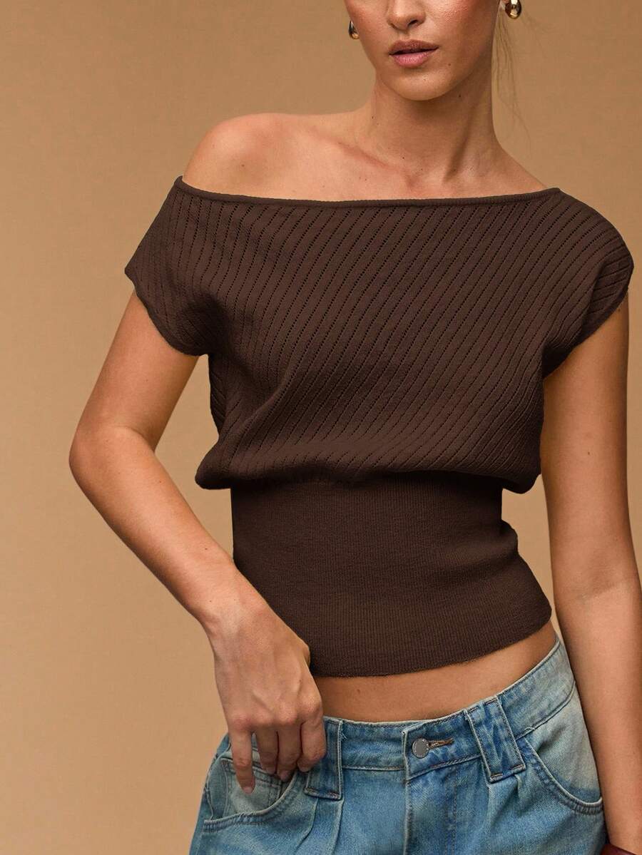 SHEIN BAE Women's Solid Color Batwing Short Sleeve Casual Regular Knit Top,Fall,Brown Sweater - Coffee Brown - View 1