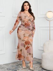 Modelyn 大码女式花卉印花重叠 V 领长袖褶饰紧身鱼尾下摆优雅连衣裙 - 彩色 - 查看 6