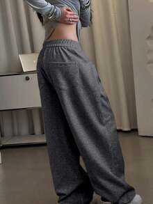 SHEIN Women's Floral Print Elastic Waist Pockets Loose Straight Casual Sweatpants - Dark Grey - View 2
