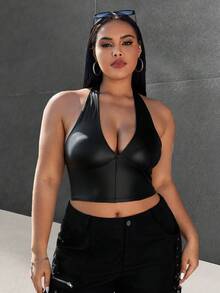 SHEIN EZwear 大尺寸 Pu 皮革無袖短版後繫帶上衣