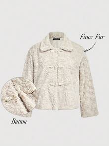 SHEIN MOD Plus Size Khaki Faux Fur Jacket, Loose Fit Faux Fur Coat For Autumn/Winter,Faux Plush Coats, Winter Coats, Fall Coats, Button Coats,Winter Coats,Autumn Coats,Fall  Coats,Fur Coat,Winter Coat - Khaki - View 3