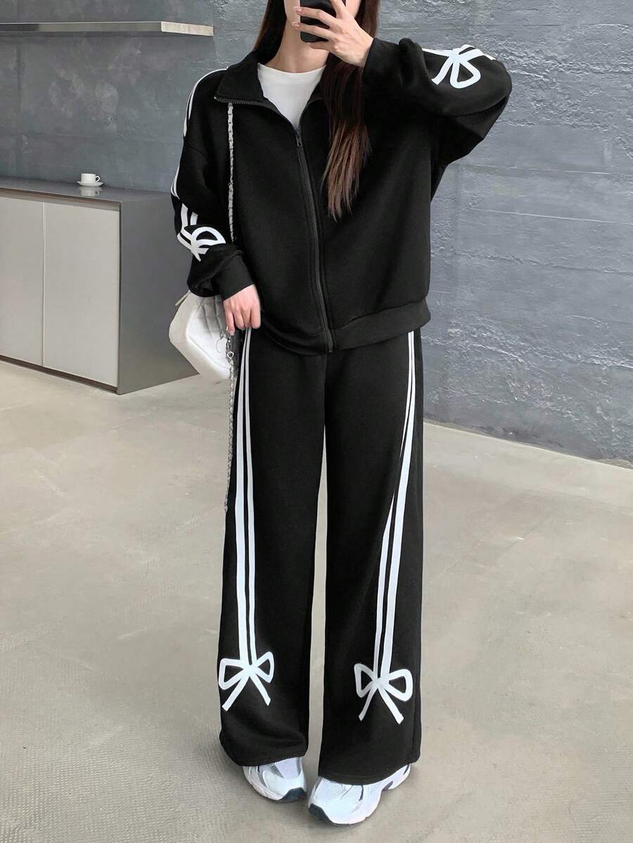 Tween Girl Knit Solid Color Contrast Tape Cardigan & Wide Leg Pants Casual Suit - Black - View 1
