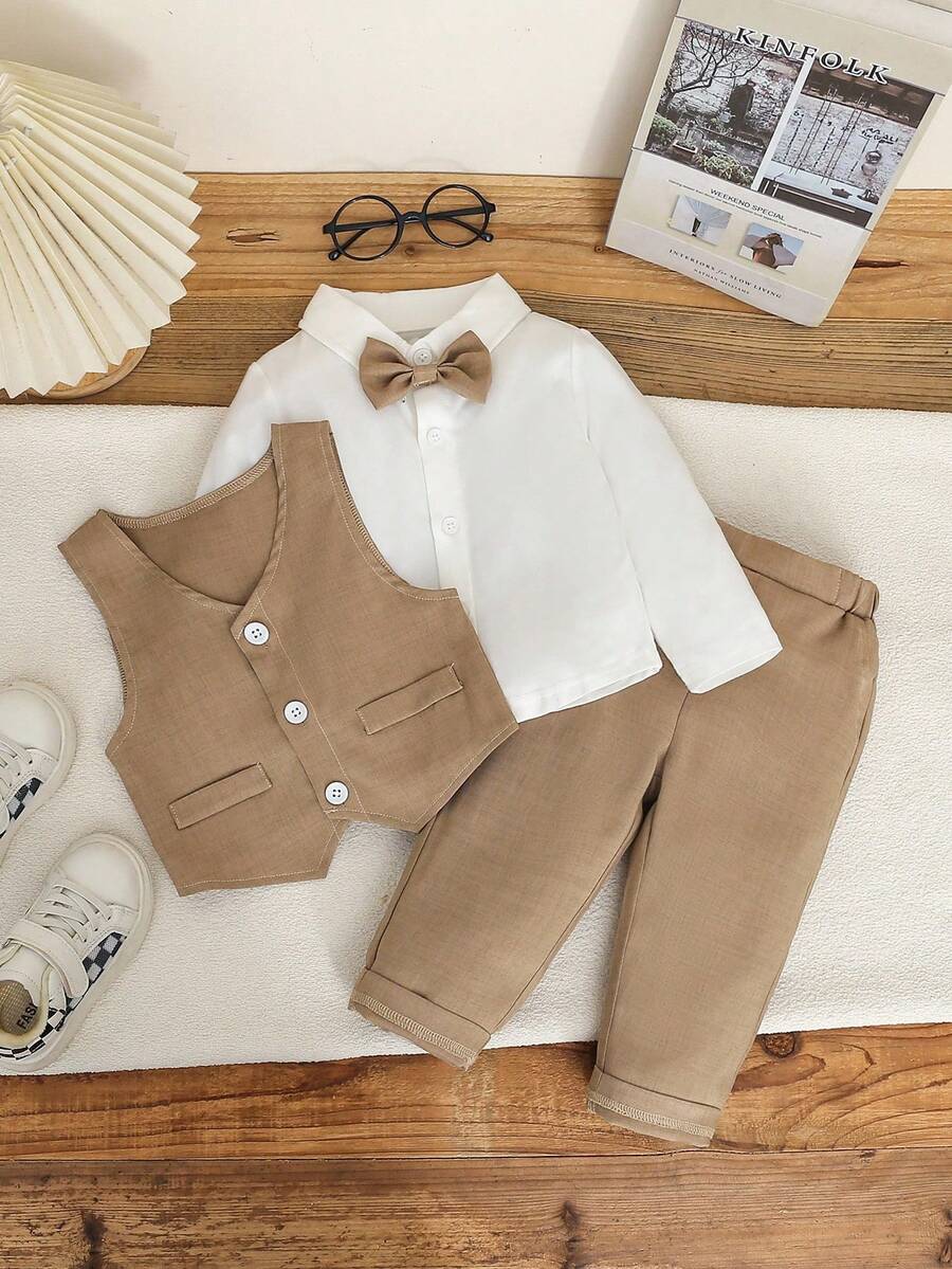 SHEIN 2pcs Baby Boys Gentleman Suit Includes Woven Vest And Trousers,Without Shirts And Accessories,Suitable For Birthday Party, Wedding, Stage Performance , Baby Boy ClothesBaby's First Mother's Day Outfit//Family Matching Outfits/Mommy And Me Outfits Fall Winter