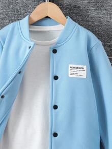 Young Boy Casual Letter Patch Button-Up Jacket And Pants Set, Autumn Fall Winter - Blue - View 7