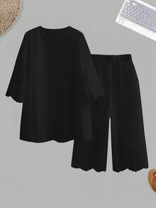 SHEIN Essnce Plus-Size Women's Elegant Black Embroidered Two Pieces Set,Summer Vacation Boho Outfits,Capris Short Sets For Women,Vacation Two Pieces Set Clothing - Black - View 2