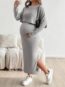 SHEIN 孕妇纯色圆领短袖上衣和裙子两件套