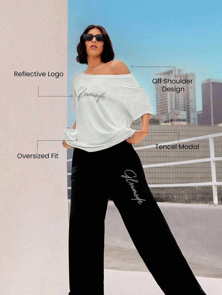 TENCEL™ Modal Shimmy And Shake Lightweight Silky Smooth Loose Reflective Logo Off-Shoulder Short Sleeve Tee Dancing Daily Casual Wear