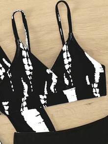 4 件套：少女扎染印花细肩带比基尼，配长袖上衣和迷你裙 - 黑色 - 查看 3