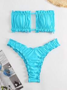 Swim Basics Summer Beach Frill Trim Bandeau Bikini Set - Blue - View 6