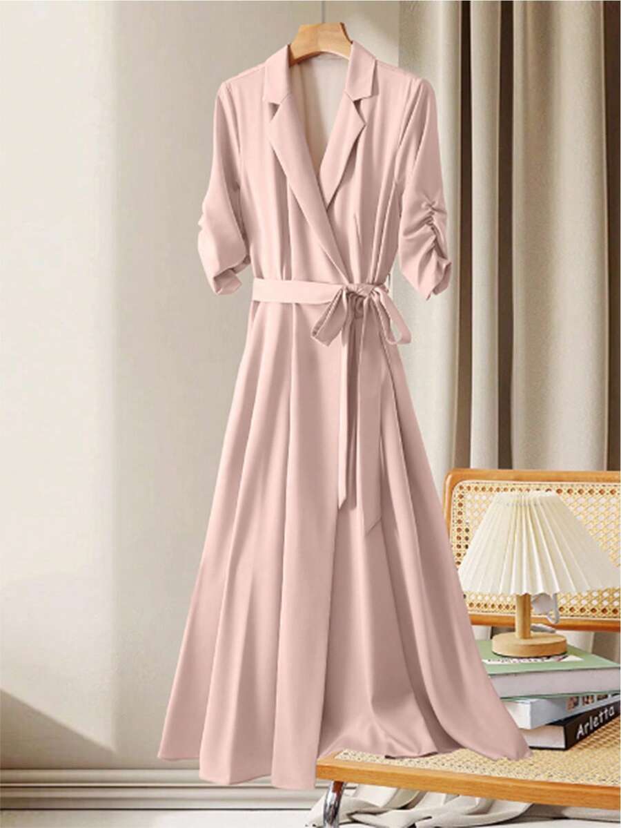 Franclia Elegant 3/4 Sleeve Lapel Neck Fitted Long Dress, Apricot Pink, Suitable For Commuting And Everyday Wear, Spring/Autumn - Dusty Pink - View 1