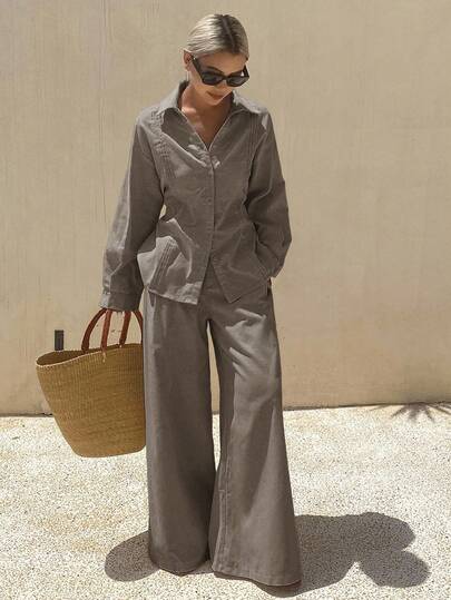 Livesso Women's Summer Solid Color Pleated Shirt And Wide Leg Pants Casual Suit