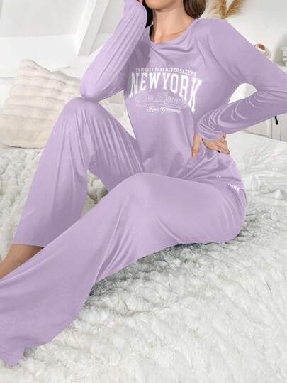 Letter Print Loose Fit Long Sleeve Top Pants Women Pajama Set, Fall Clothes view 5