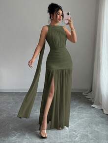 Vestido plisado con abertura y espalda descubierta de unicolor elegante para mujer, de verano - Verde militar - Ver 4