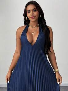 Maweii Vestido de satén plisado con lazo, elegante y sexy para vacaciones de verano, talla grande - Azul Marino - Ver 3