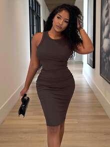 Alexandranx Solid Rib-Knit Bodycon Dress - Coffee Brown - View 4