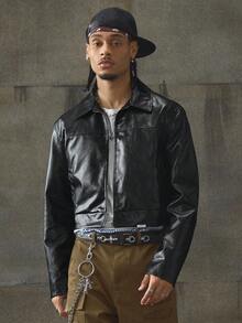 AXEPEAK Men's Turndown Collar Long Sleeve Front Zipper Short Jacket, Fall Winter, Grunge - Black - View 2