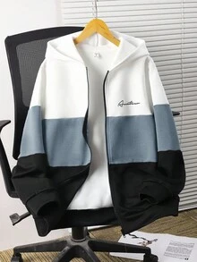 SHEIN Chaqueta de sudadera informal, suelta y cómoda con bloques de color y parches, adecuada para salidas en otoño/invierno, para adolescentes varones - Neblina azul - Ver 1