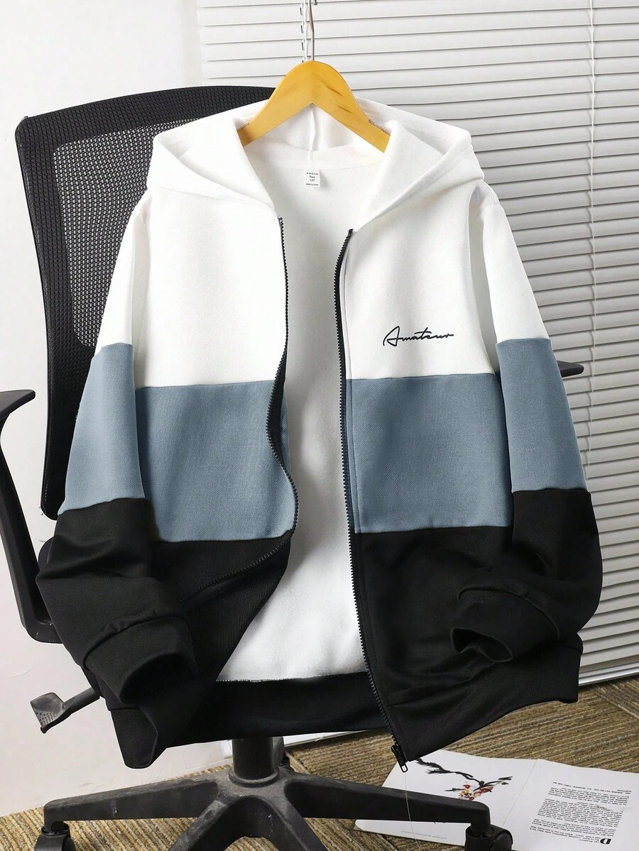 SHEIN Chaqueta de sudadera informal, suelta y cómoda con bloques de color y parches, adecuada para salidas en otoño/invierno, para adolescentes varones - Neblina azul - Ver 1