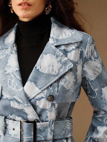 Anewsta Fashionable Modern PU Patch Print Faux Denim Women's Jacket, Suitable For Autumn, Winter, Going Out, Elegant, Formal, Party, Chic, New Year, Women's Winter Coat, Christmas, Work