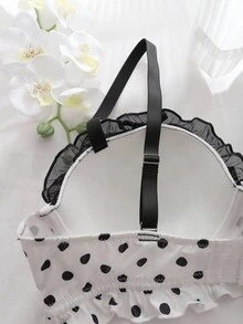 2pcs Plus Size Bra Set With Molded Cup, Underwire, Mesh Inset, Ruffle Trim, Bow Accent, Lift & Enhance, Polka Dot Pattern  Cozy And Elegant Details