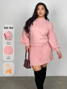 Firerie Loose Knit Stand Collar Long Sleeve Sweater & High-Waisted Pleated A-Line Mini Skirt 2 Pieces Set, Suitable For Valentine's Day, Concerts, Performances, Dates, Formal Dinners, Galas, Weddings, Sexy, Elegant, Commute, Back To School, Vacation, Beach, Romantic, Office Diva, Mermaid Chic, Birthday Party 2 Pieces Sweater Set Women Plus Plus Size Skirt Set Knit Skirt Set Plus Two Pieces Skirt Set Plus Size Plus Size Knit Set In Fall/Winter
