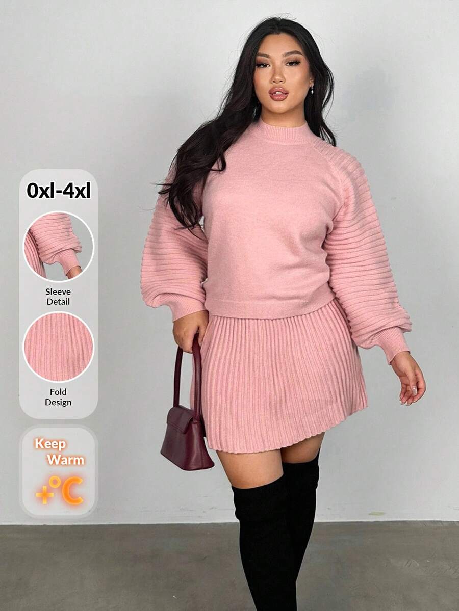 Firerie Loose Knit Stand Collar Long Sleeve Sweater & High-Waisted Pleated A-Line Mini Skirt 2 Pieces Set, Suitable For Valentine's Day, Concerts, Performances, Dates, Formal Dinners, Galas, Weddings, Sexy, Elegant, Commute, Back To School, Vacation, Beach, Romantic, Office Diva, Mermaid Chic, Birthday Party 2 Pieces Sweater Set Women Plus Plus Size Skirt Set Knit Skirt Set Plus Two Pieces Skirt Set Plus Size Plus Size Knit Set In Fall/Winter