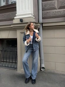 MOTF PREMIUM CONTRAST FAUX FUR BUTTON UP DENIM WINTER COAT - Blue - View 2