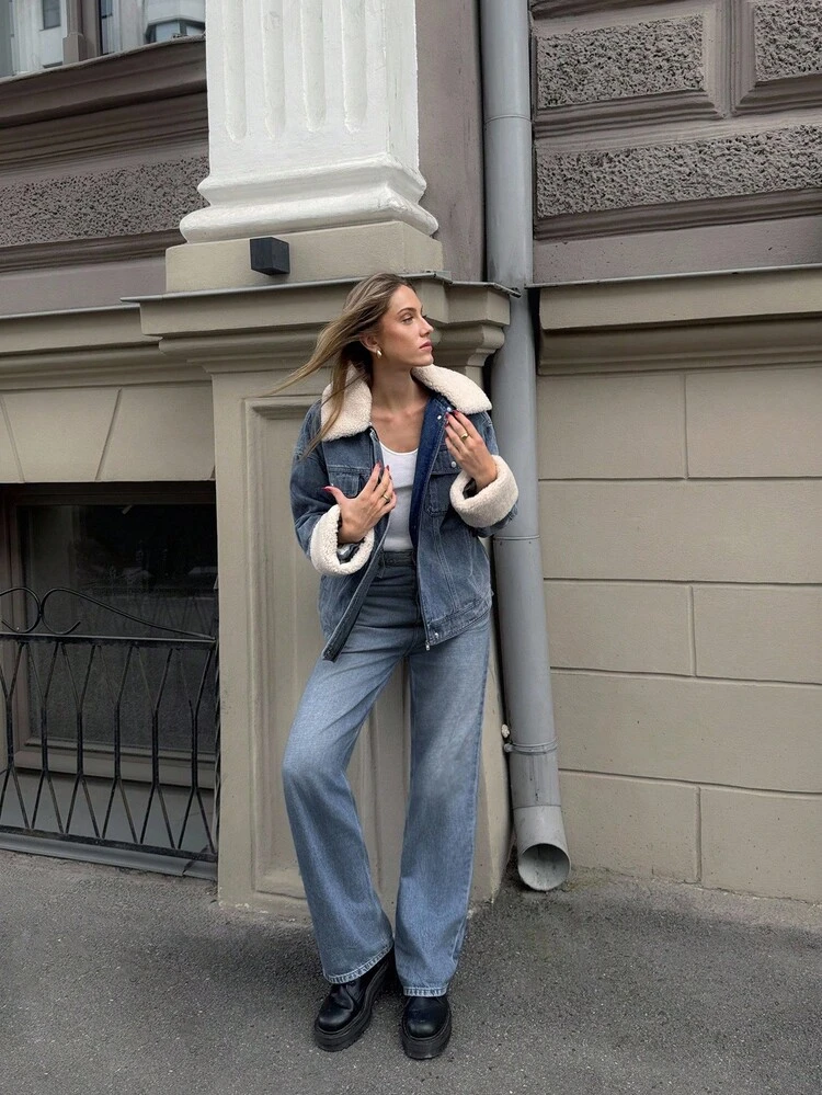 CONTRAST FAUX FUR BUTTON UP DENIM WINTER COAT