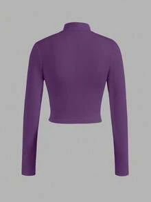 Slaydiva 休闲基础款秋冬V领拉链长袖修身外套 - E，女士拉链款 - 紫色 - 查看 2