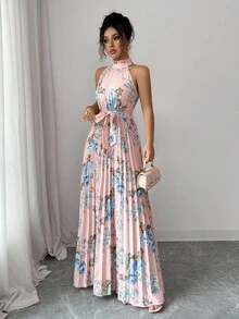 Elenzga Váy chữ A in hoa thanh lịch, lãng mạn, không tay, eo yếm dành cho nữ - Nhiều màu - Xem 3
