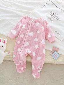 رومبير نوم وبيجامة للأطفال حديثي الولادة مريحة وكاجوال يومية، مطبوعة بنجوم وقلوب باللونين الوردي والأبيض - متعدد الألوان - مشاهدة 1