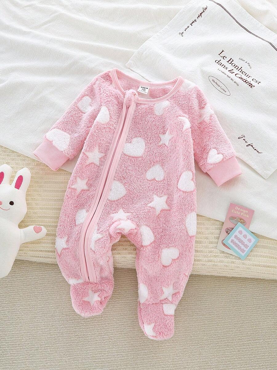 رومبير نوم وبيجامة للأطفال حديثي الولادة مريحة وكاجوال يومية، مطبوعة بنجوم وقلوب باللونين الوردي والأبيض - متعدد الألوان - مشاهدة 1