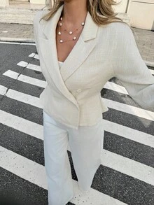 SHEIN Frenchy 女式秋季翻领长袖双排扣休闲西装外套 - 杏色 - 查看 3