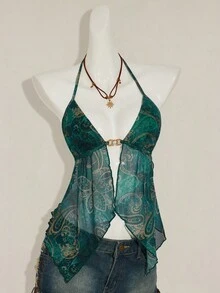 SHEIN ICON Allover Print Halter Neck Backless Asymmetric Hem Sexy Camisole