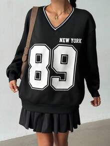 SHEIN 少女休闲字母印花V领宽松卫衣和百褶裙两件套 - 黑色 - 查看 3