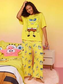 SpongeBob SquarePants | SHEIN Plus Size Cartoon Graphic Drop Shoulder Oversize Top & Pants Pajama Set