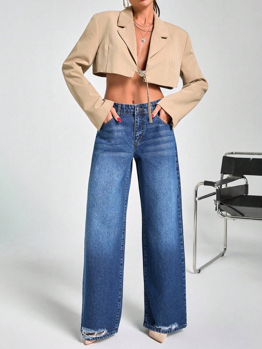 EURMUSE WOMEN LOOSE LOW WAIST WIDELEG DARK BLUE DENIM JEAN - Dark Wash - View 1