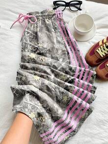 Comfortcana 女士休闲迷彩树枝印花撞色裤，侧条纹松紧腰宽松运动裤，适合女士夏季，休闲百搭，适合日常街头穿着，工装裤 - 彩色 - 查看 1