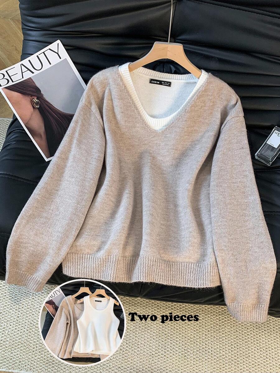 Elamini 2件套女士休闲羊毛衫和无袖针织上衣套装 - 彩色 - 查看 1