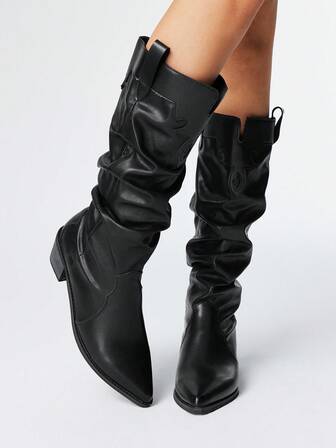 Goth Botas de mujer de estilo rock oscuro, punk y gótico, botas largas negro con bordados occidentales, botas de caña media con tacón bajo